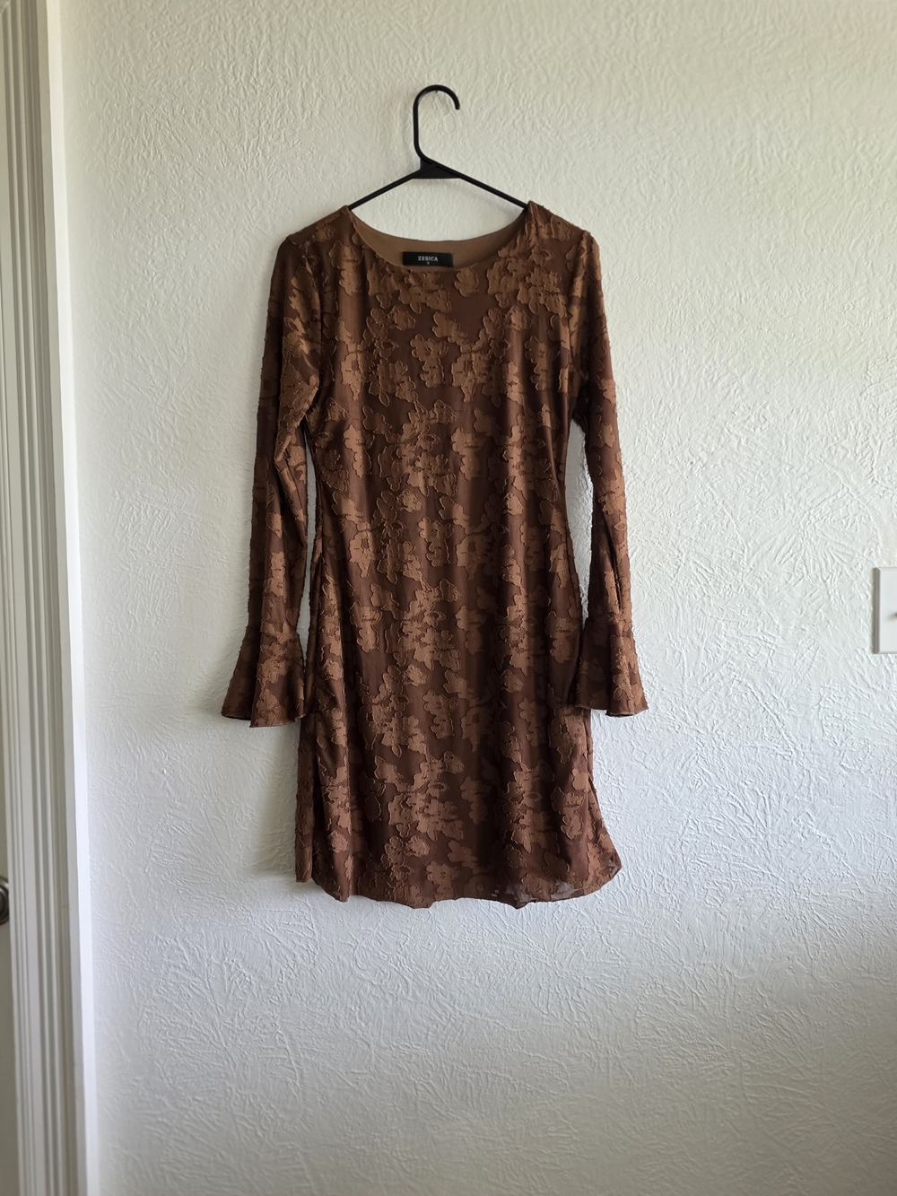 Cottagecore Zesica Brown Floral Lace Long-Sleeve Shift Dress